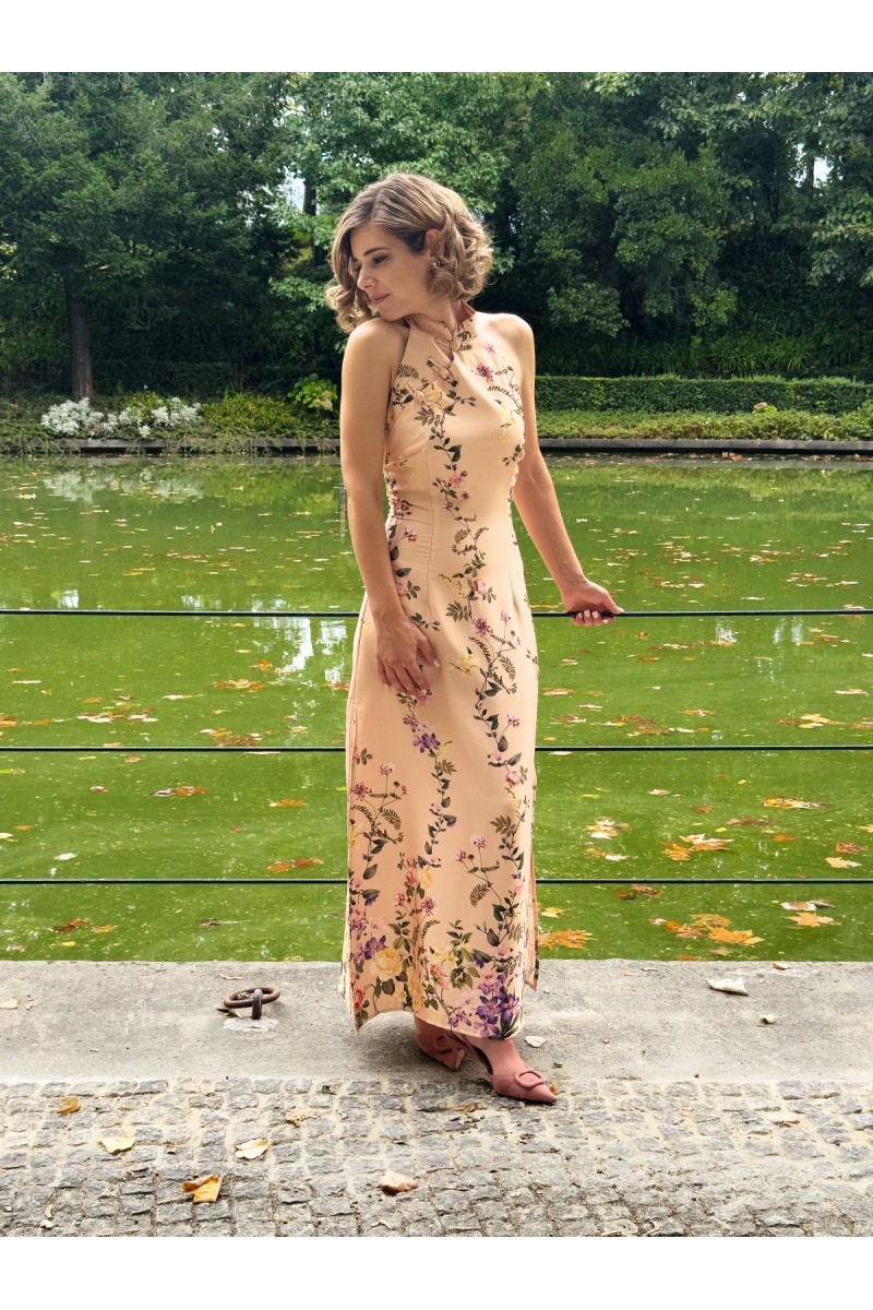 Vestido Elora Floral Comprido Rosa-Pêssego | Leamor