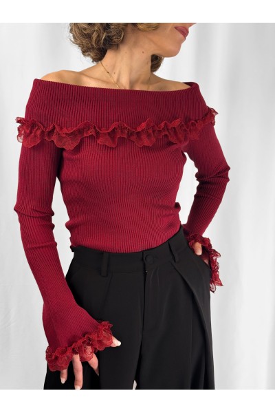 Camisola Zafira Bordô com Renda e Ombros Descobertos | Leamor