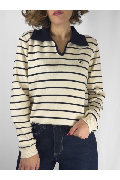 Camisola Amélie às Riscas Bege e Azul-Marinho ou bordo | Leamor