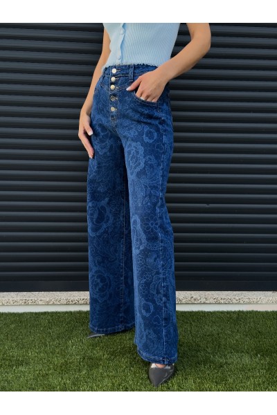 Jeans Amélia Wide Leg Floral Azul | Leamor