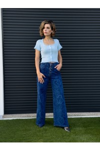Jeans Amélia Wide Leg Floral Azul | Leamor