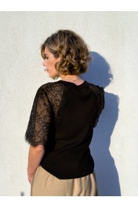 Camisola Valentina com Mangas de Renda Preto | Leamor