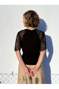 Camisola Valentina com Mangas de Renda Preto | Leamor