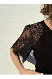 Camisola Valentina com Mangas de Renda Preto | Leamor