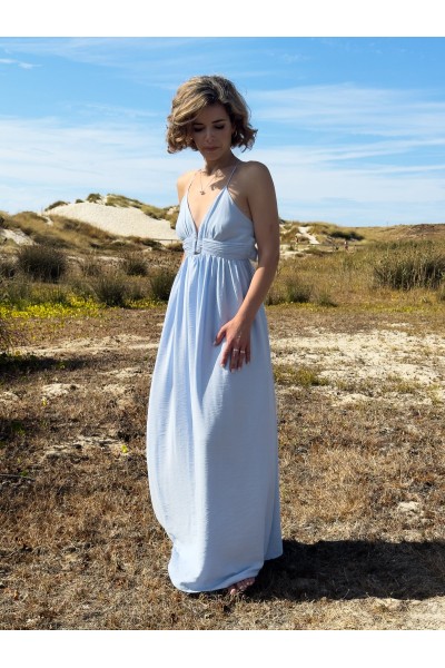 Vestido Íris Comprido Azul-Claro com Costas Abertas | Leamor